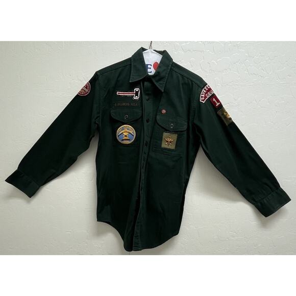 VTG 50s Boys Scouts America Forest Green Explorer BSA Shirt Pin Patches Badges - Picture 3 of 9